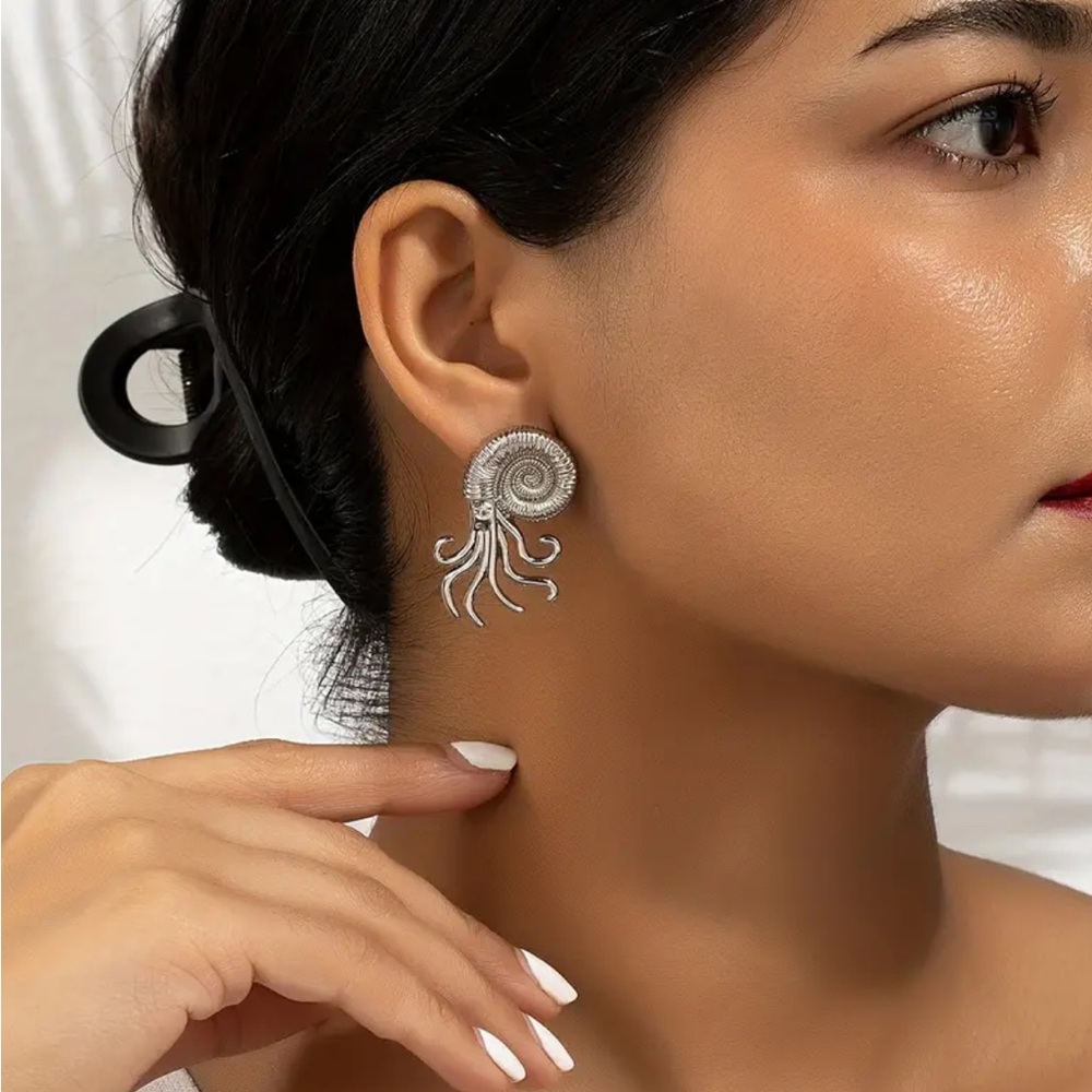 Silver Nautilus Stud Earrings - Picture 3 of 3